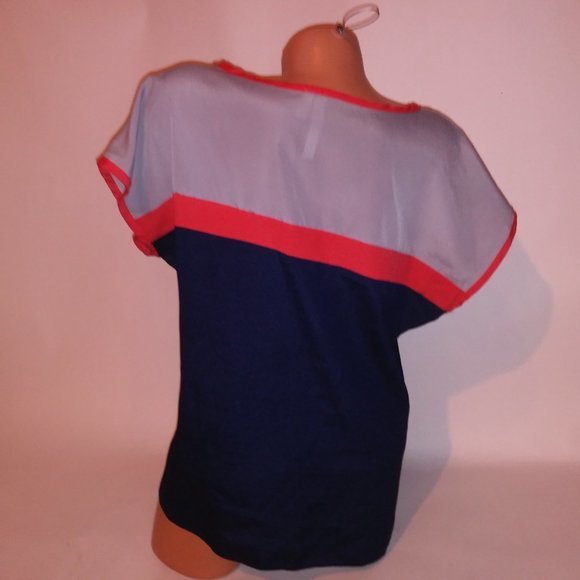 Flats & Heels Blouse Large Navy Blue Gray Orange Colorblock Chiffon Short Sleeve - Picture 5 of 6